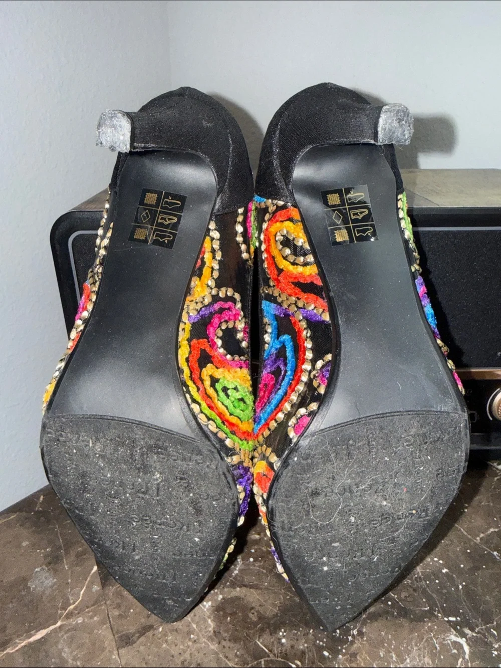 J.Renee Black Pointed-Toe Heels with Multicolor Embroidered Swirls